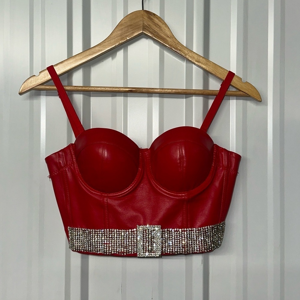 Red Faux Leather Rhinestone Bustier Top Corset Crop Clubwear Y2K Party Glam
